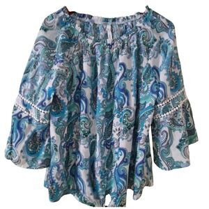 Current Air Paisley Bell Sleeve Top Womens Blue White Boho Pom Trim Blouse XL